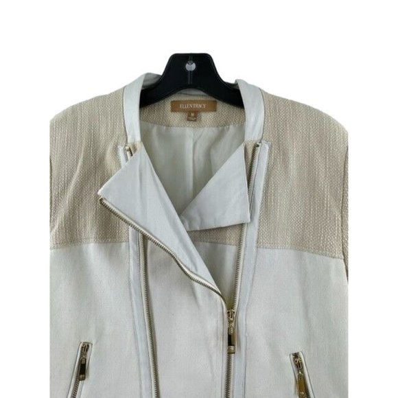Ellen Tracy Off White Asymmetrical Zip Faux Leather Tweed Crop Jacket Size Med - Picture 4 of 16